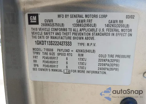 2002 GMC Envoy Slt z USA, uszkodzony, nr VIN 1GKDT13S222427333